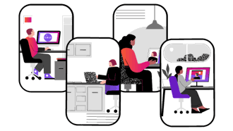 Illustrations of phone screenshots showing people at their desks