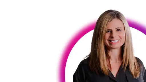 Marissa Geist in front of white background with pink and purple half circle graphic