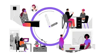 Illustration of multiple people working around a clock graphic