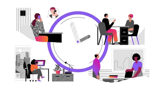 Illustration of multiple people working around a clock graphic