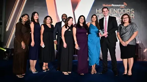 Cielo accepting "Best Recruitment Process Outsourcing Partner" at HR Vendors of the Year award in Singapore.