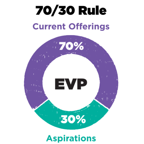 Circle graph showing 70% current offerings and 30% aspirations