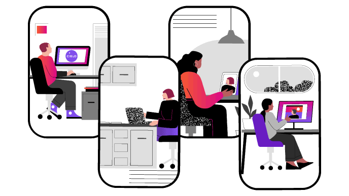 Illustrations of phone screenshots showing people at their desks