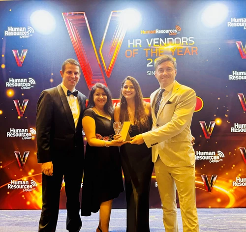 Cielo accepting "Best Recruitment Process Outsourcing Partner" at HR Vendors of the Year awards in Singapore.