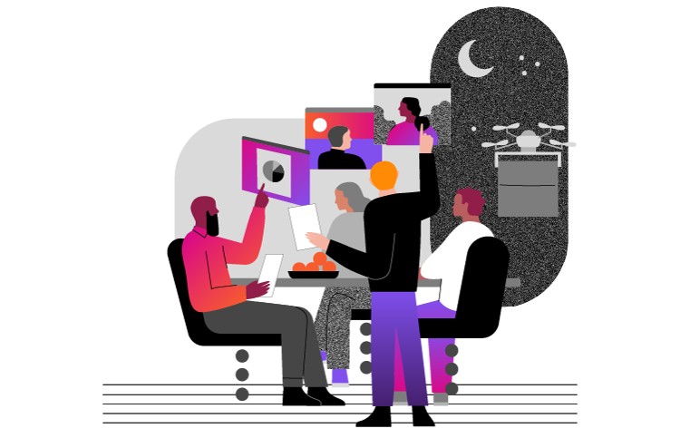 Illustration of people working around table