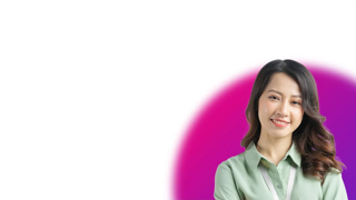 Woman in front of pink and purple half circle on white background