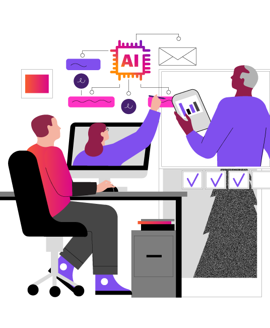 Illustration of person seated at desk using AI to assist with work